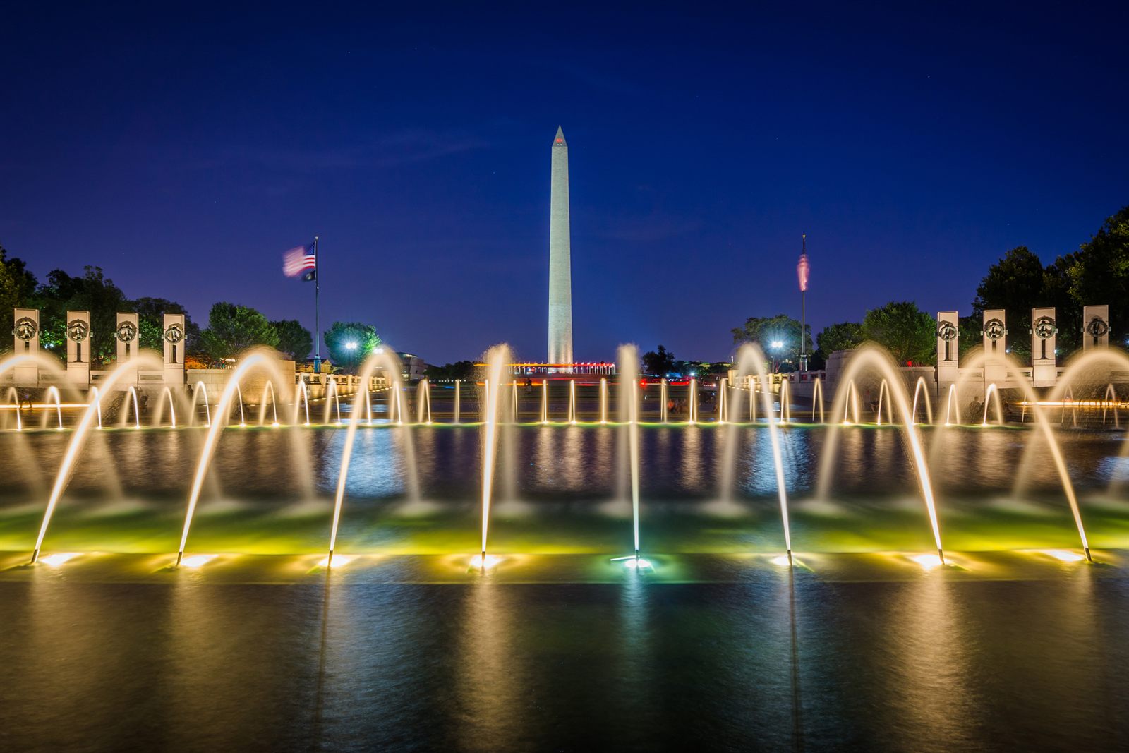 World War II Memorial fountains at night